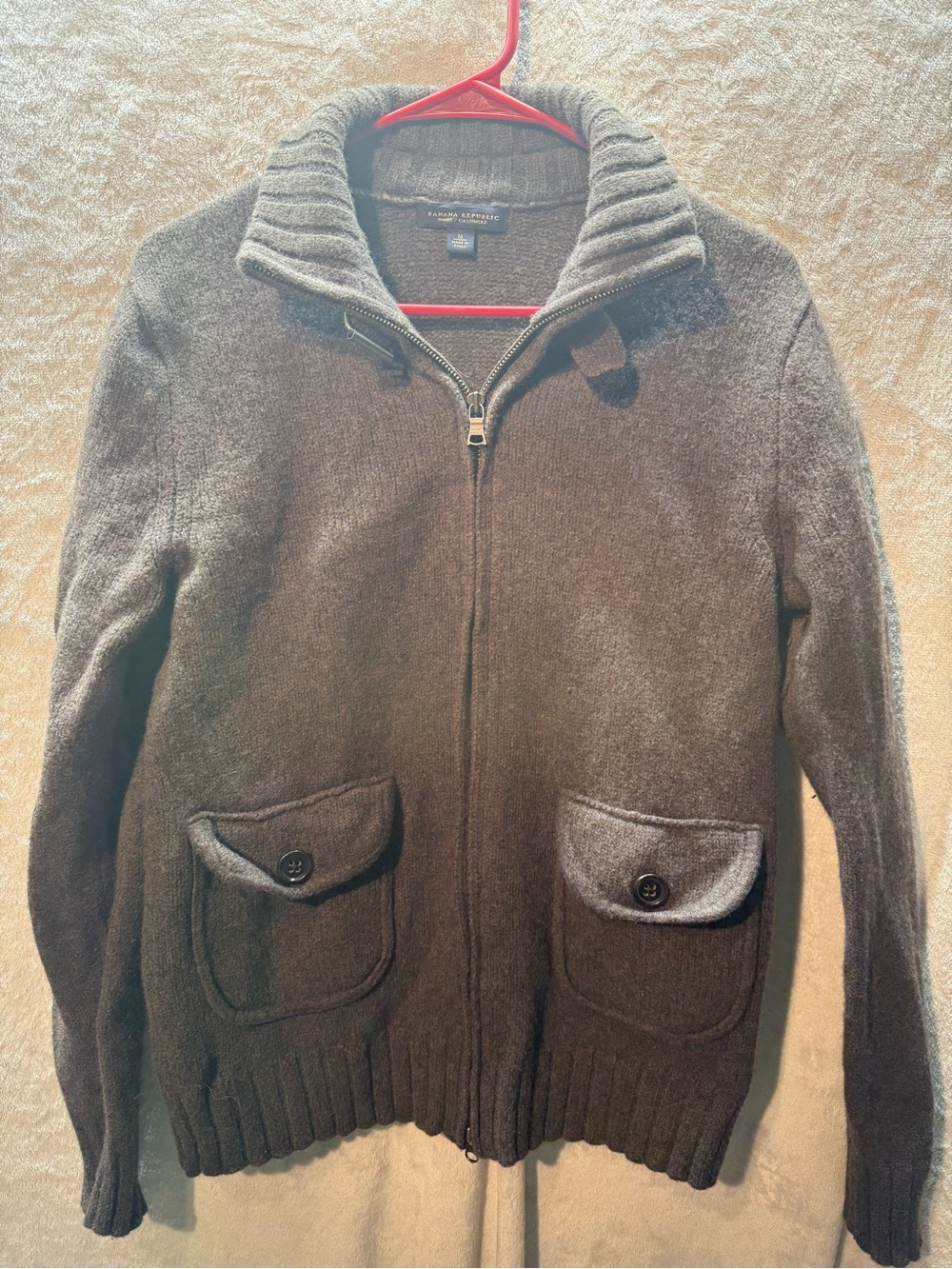 Banana Republic Men's Dark Brown Zip-Up Shawl Collar Sweater made with wool